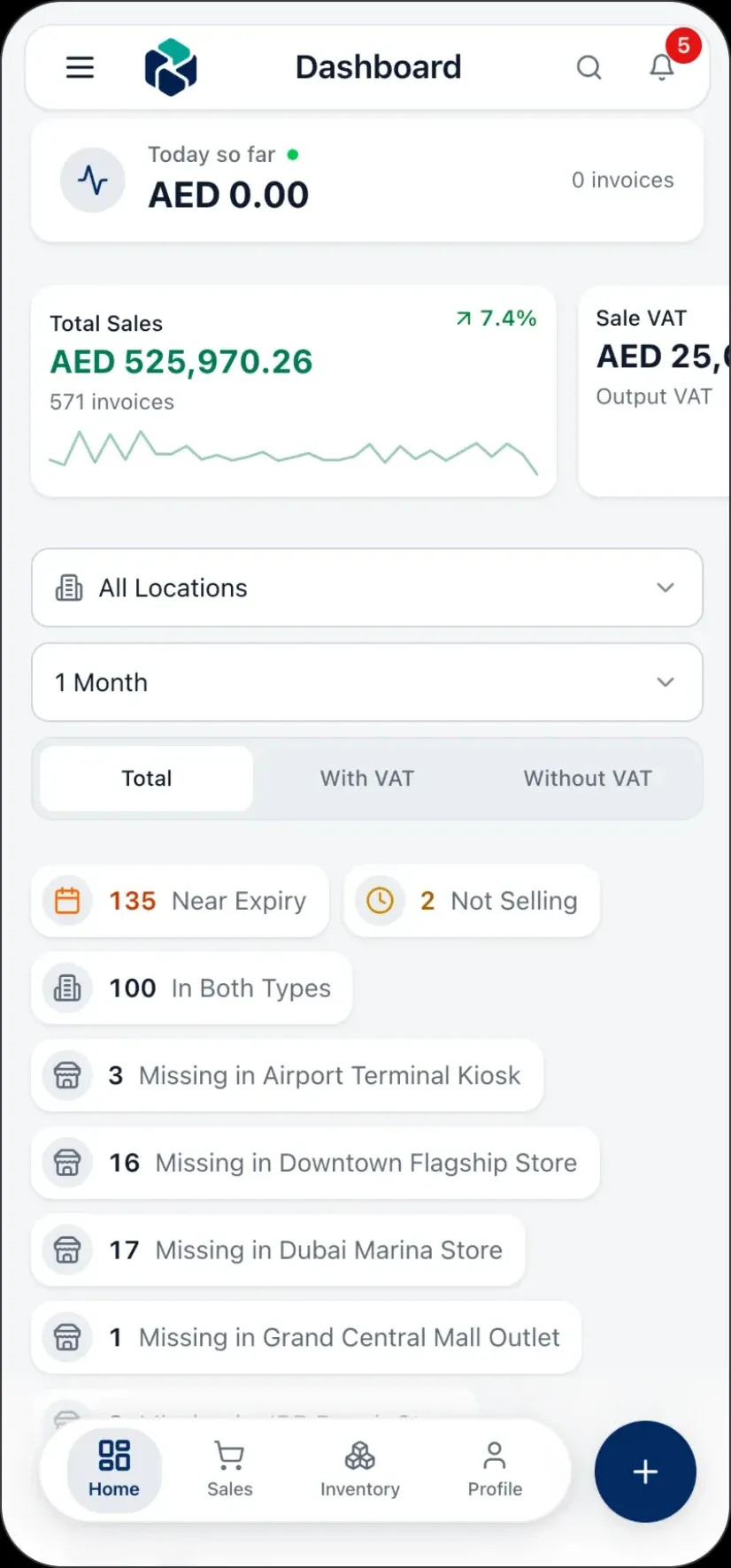 EzyBook on a phone — the same dashboard with bottom navigation and a quick-add button